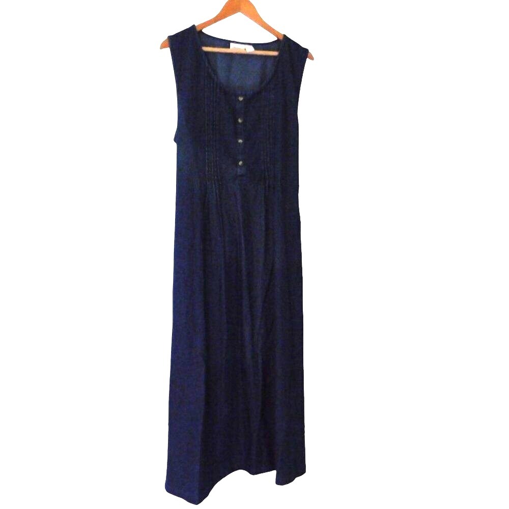 NEW Womens Denim Long Dress Pintuck Tie Blue Sleeveless Modest Petite M MP